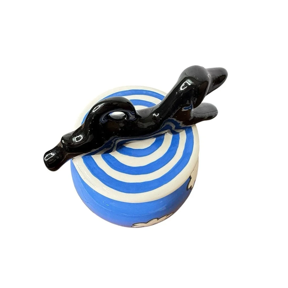 Alison Palmer Whimsical Black Dog Ceramic Lidded Cookie Jar Blue Cloud READ